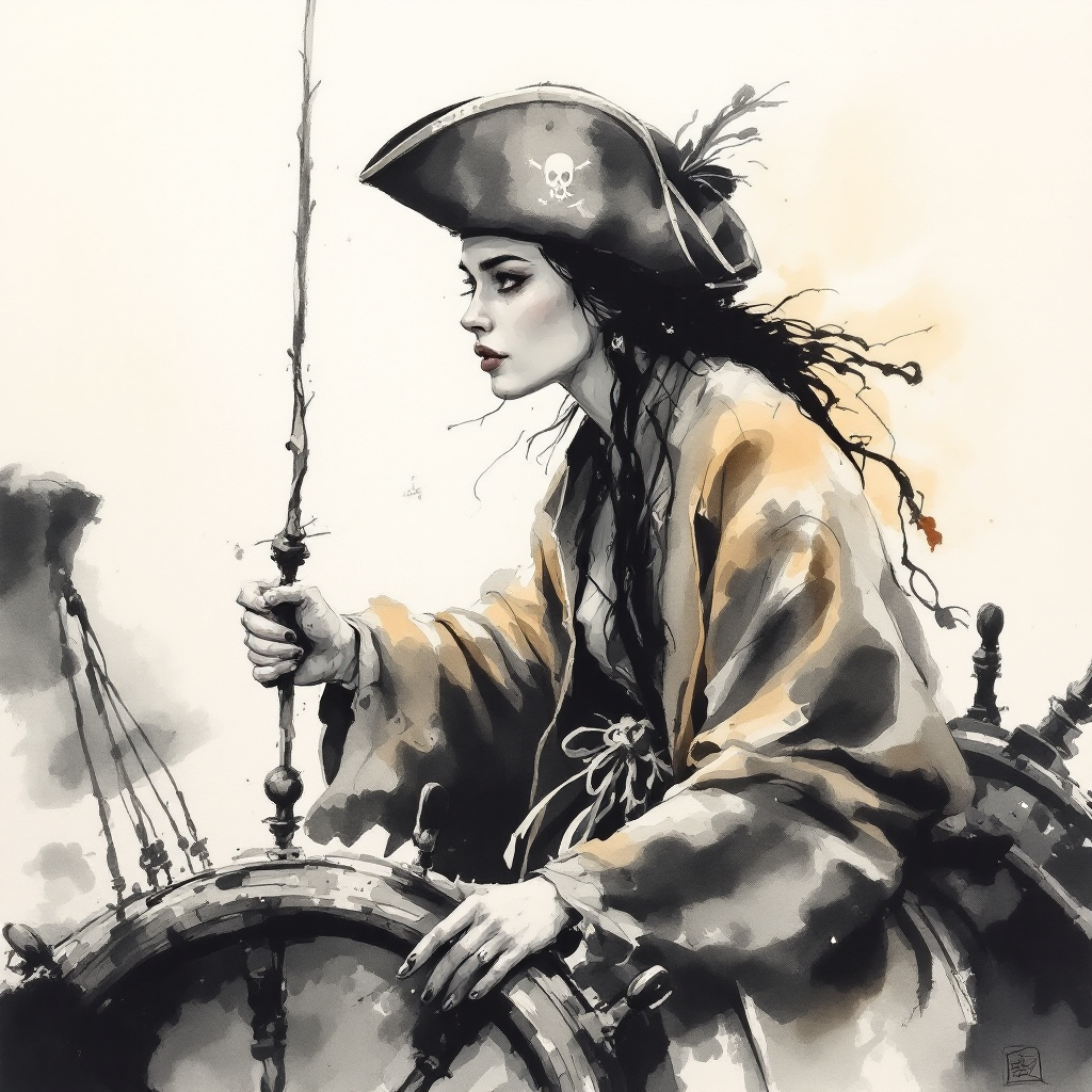 Watercolor portrait of a female pirate captain at a ship's wheel wearing a Jolly Roger tricorn hat.