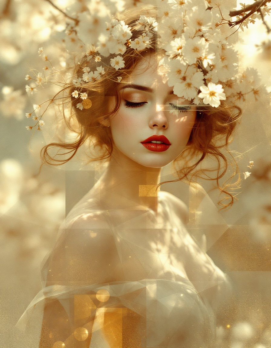 Ethereal portrait of a woman with a cherry blossom crown, closed eyes, bathed in warm golden sunlight with subtle geometri...