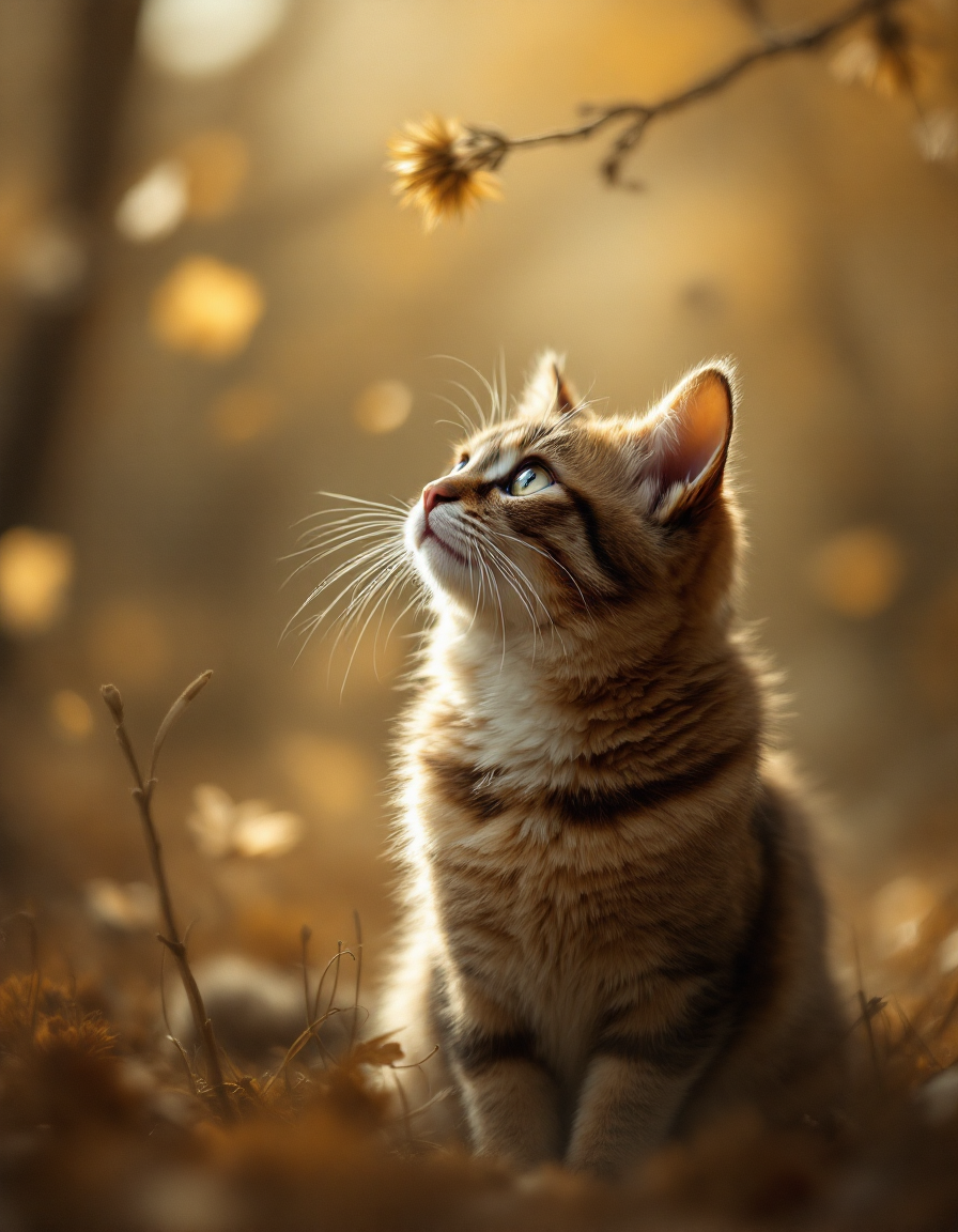 Fluffy striped tabby kitten sits in golden sunlit autumn underbrush, looking up curiously at a twig above it.
