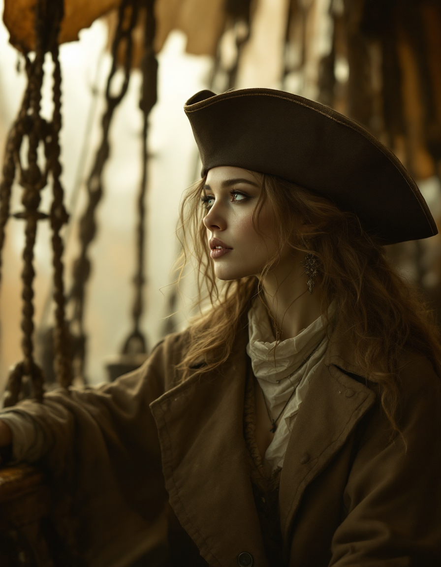Close-up portrait of a contemplative female pirate in a tricorn hat, standing on a tall sailing ship deck in warm golden l...