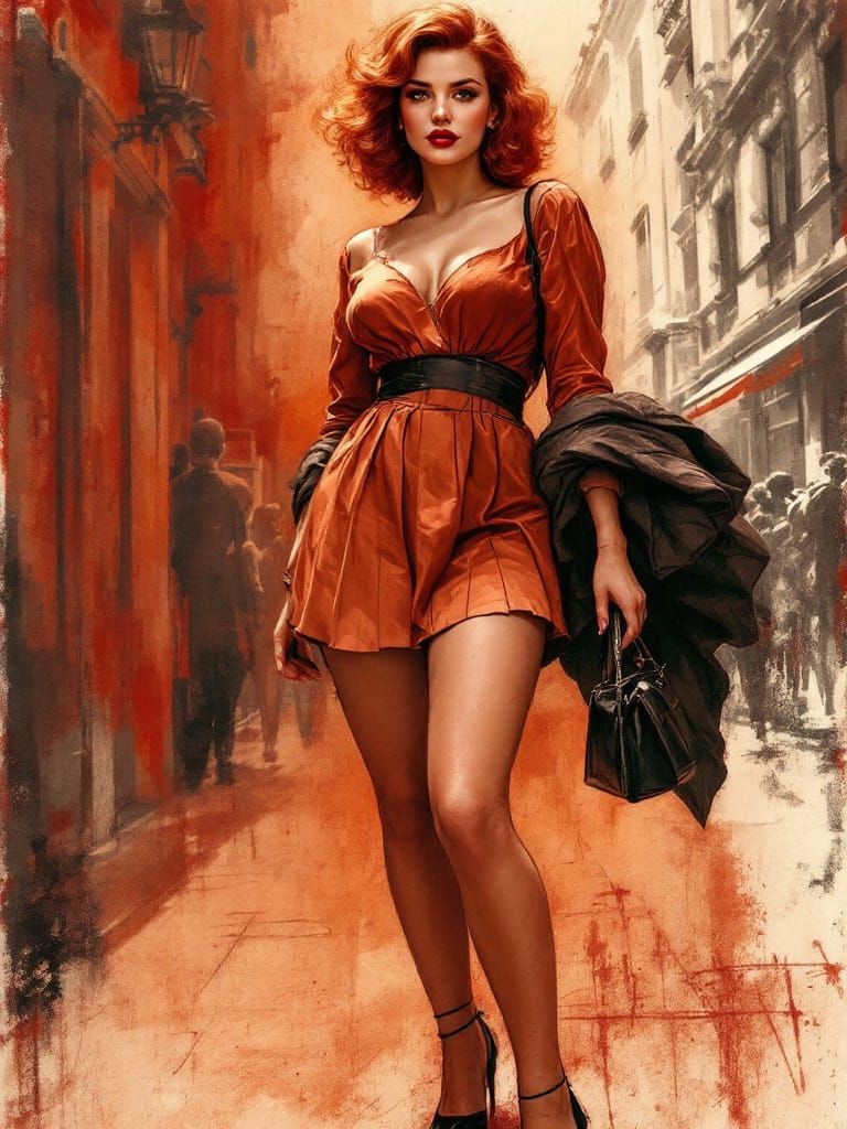 Impressionist painting of elegant red-haired woman in rust dress standing on a vintage European city street