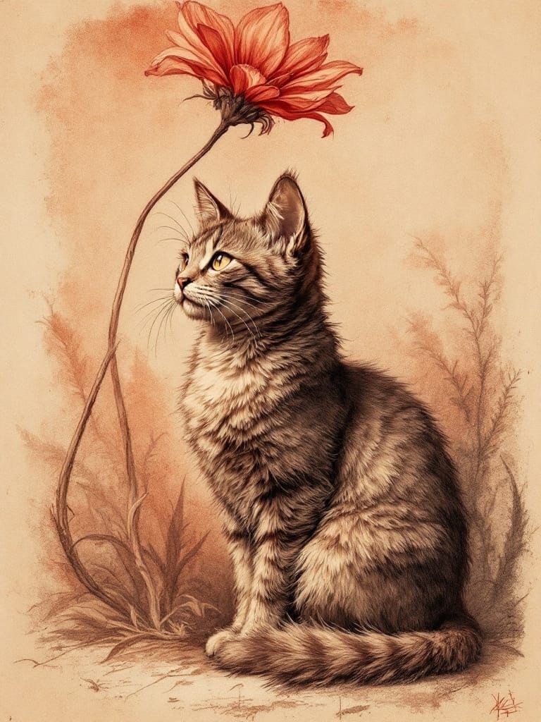 Sepia vintage illustration of a fluffy tabby cat sitting, gazing up at a tall blooming red flower