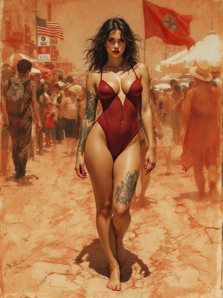 Tattooed woman in a burgundy one-piece swimsuit walks toward the viewer, set against a crowded sunlit vintage summer board...