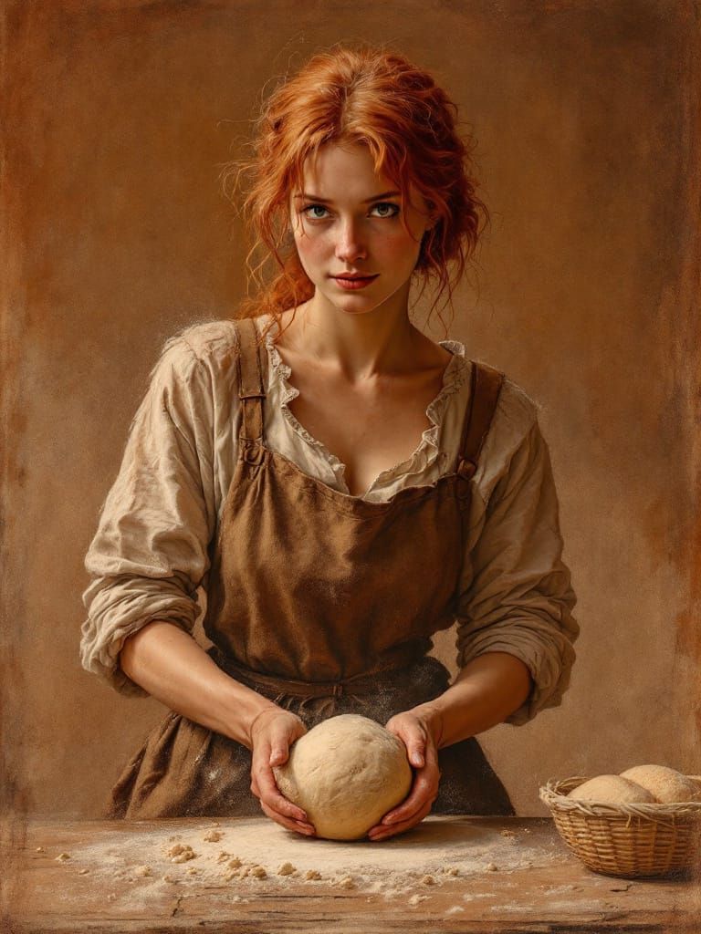 Oil painting portrait of red-haired female baker holding raw bread dough over a floured rustic work table