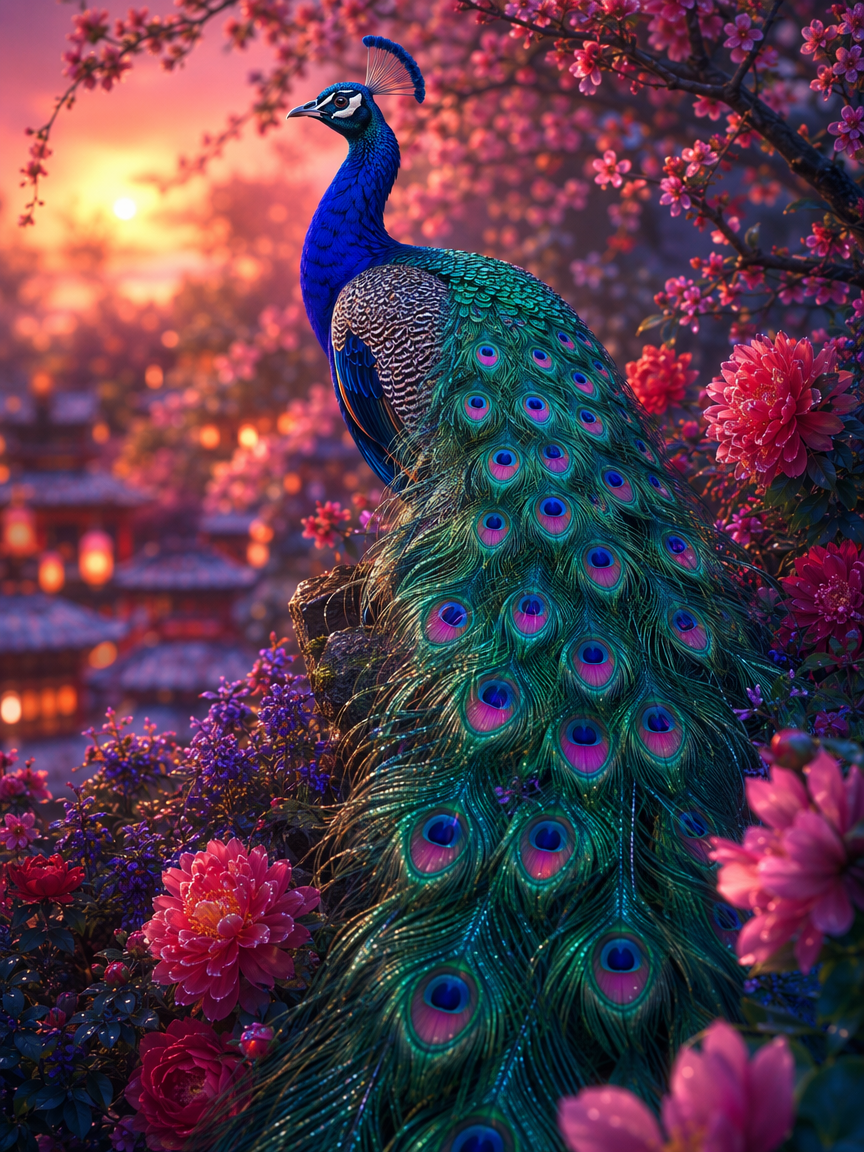 Vibrant iridescent peacock perched among blooming flowers, set against a glowing sunset and distant East Asian pagoda back...