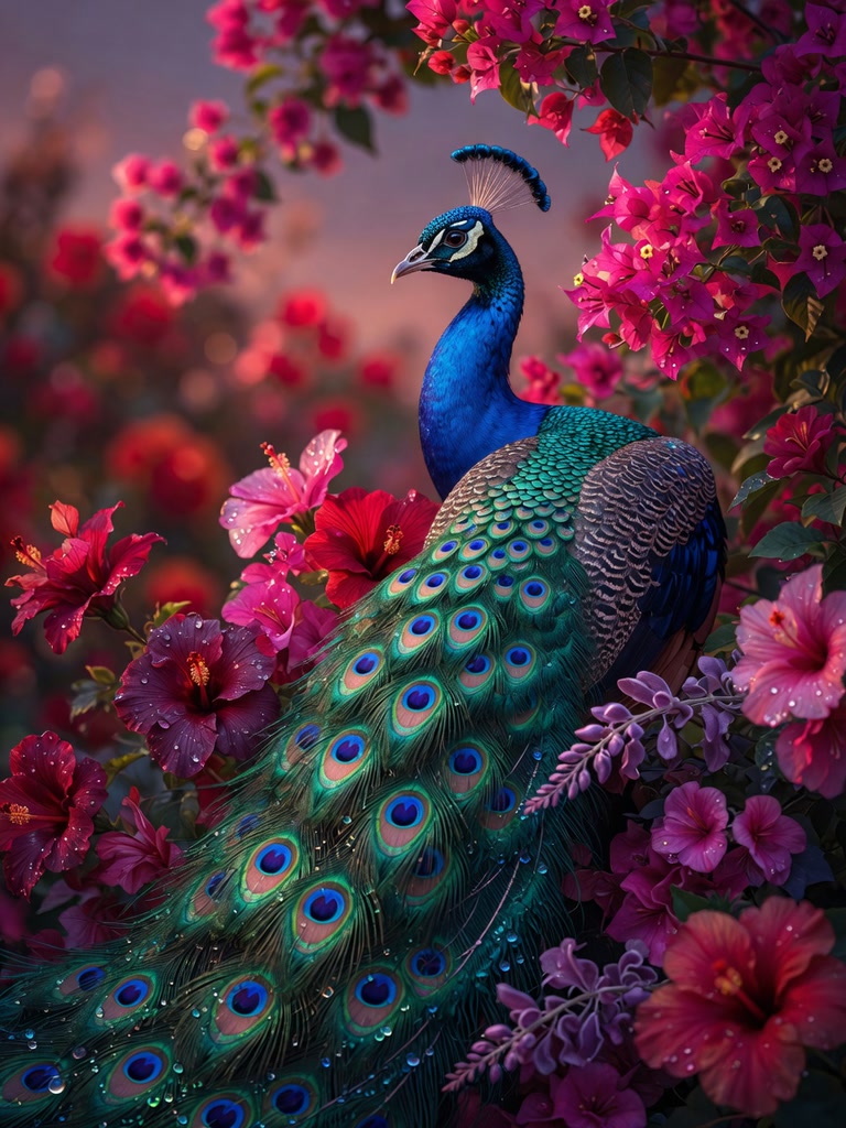 Iridescent male peacock with jewel-toned plumage sits surrounded by dewy hibiscus and bougainvillea blooms at soft sunset.