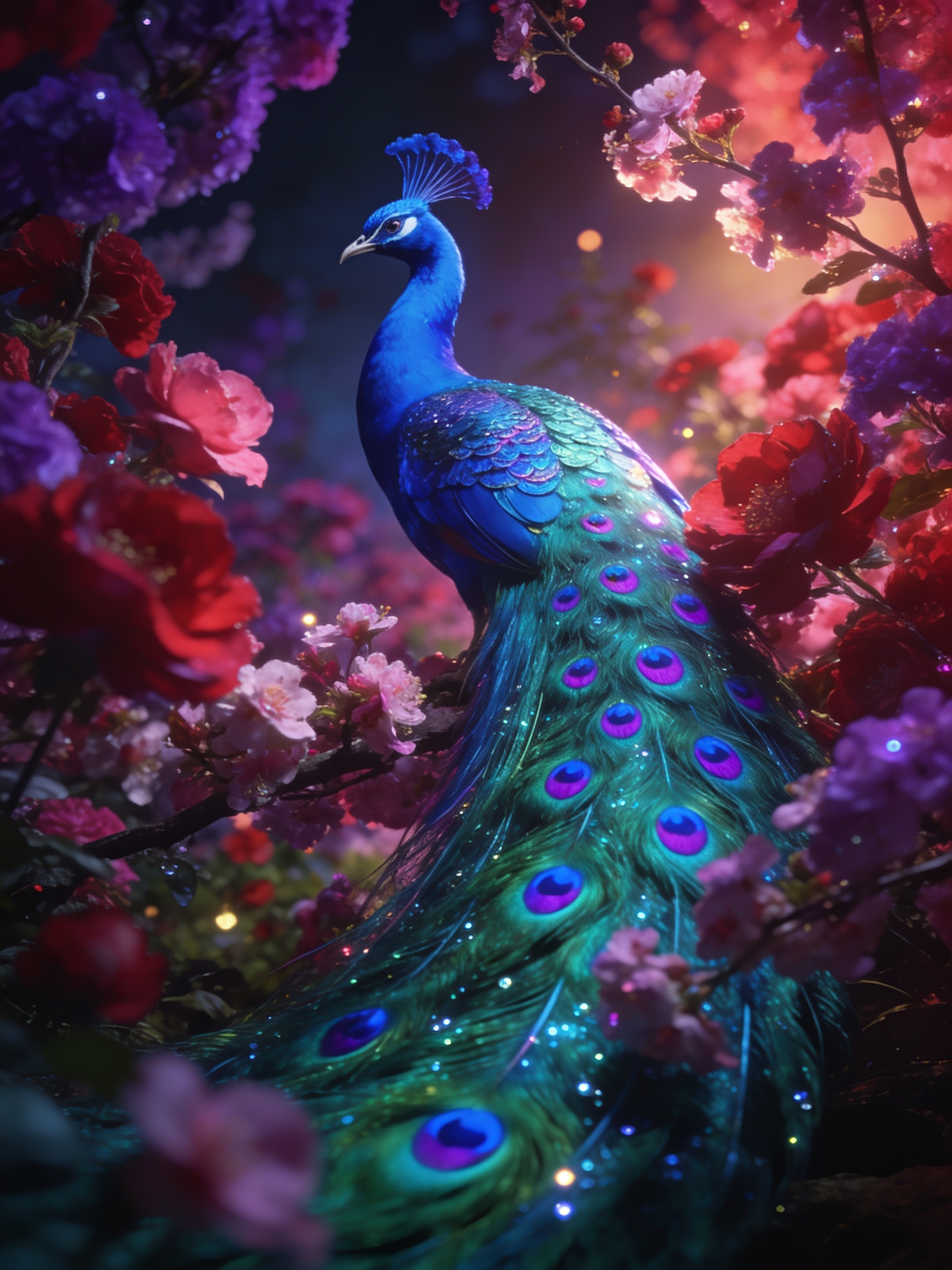 [Iridescent blue peacock perched on a branch, surrounded by vivid blooming red, pink, and purple flowers with soft glowing...