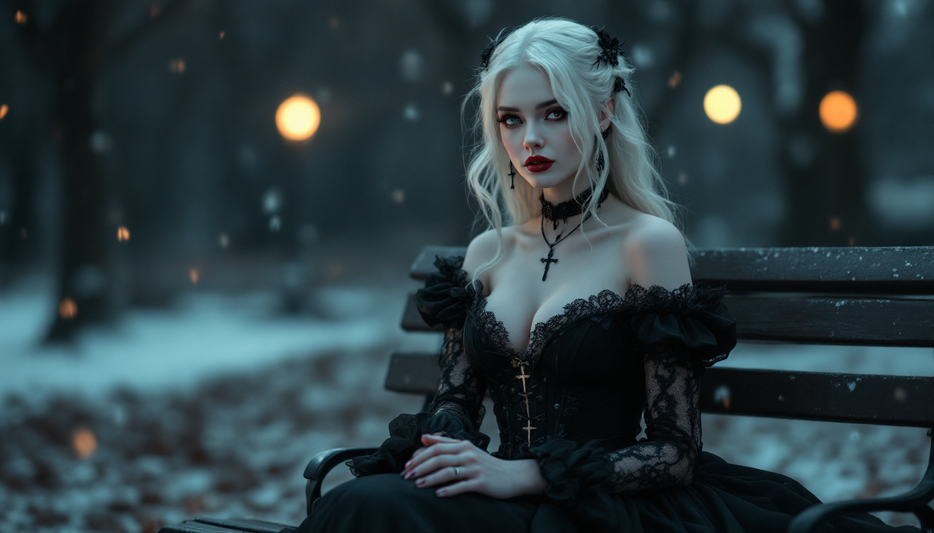 Platinum blonde gothic woman in a black lace gown sits on a snowy park bench as snow falls at dusk