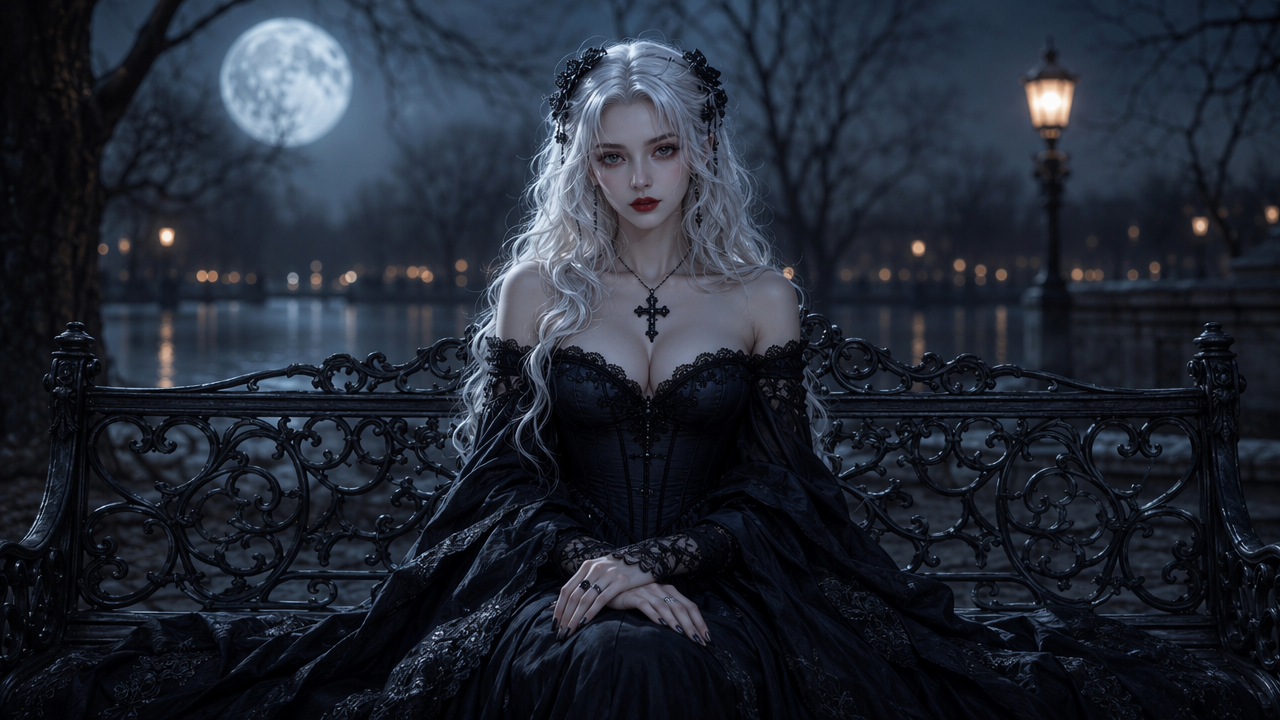 Elegant gothic woman with long silver hair sits on an ornate iron bench beneath a glowing full moon in a night park.