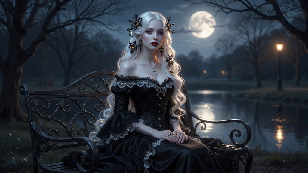 [Pale gothic woman in a black lace gown sits on an ornate wrought iron park bench under a glowing full moon beside a calm ...