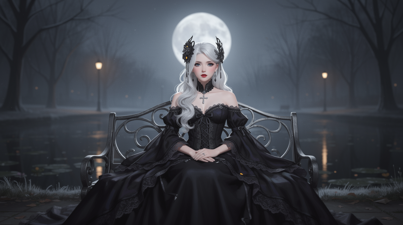 [Regal silver-haired gothic woman in a black lace gown sits on a park bench under a glowing full moon on a foggy winter ni...