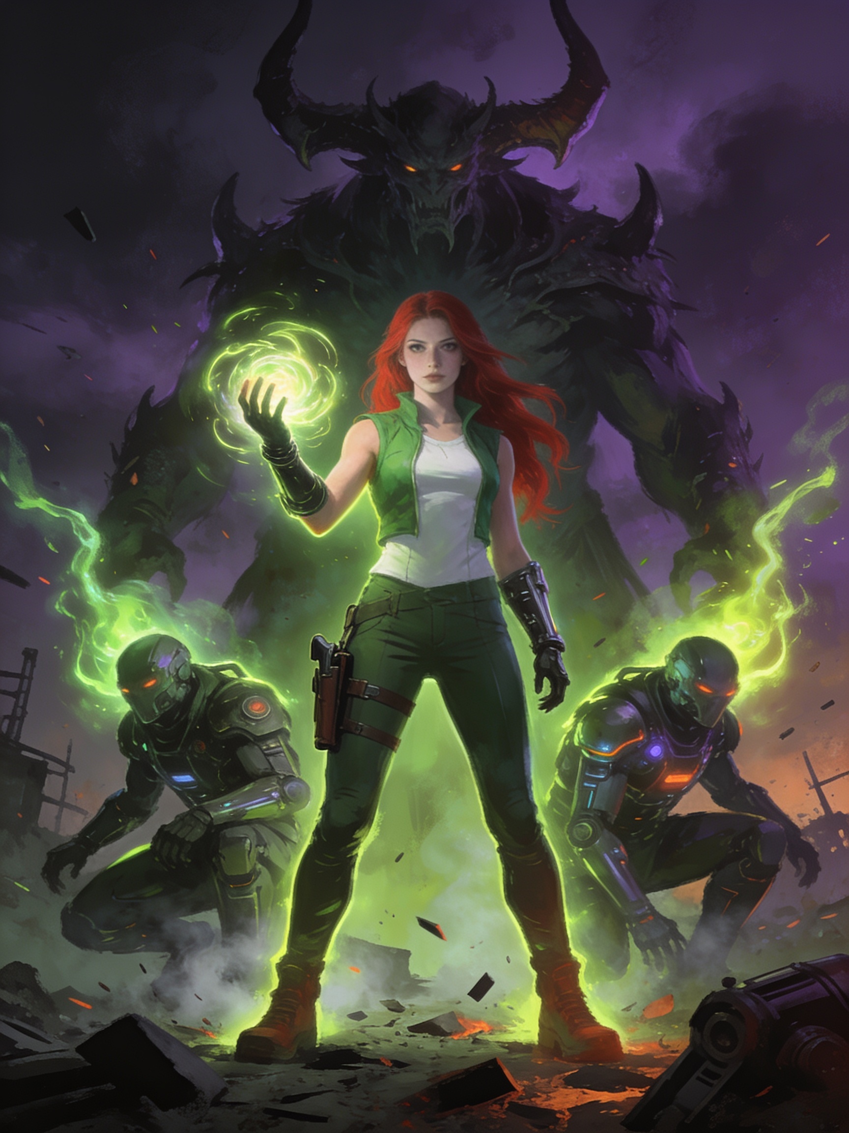 [Red-haired spellcaster holding glowing green magic orb stands with cyborg allies as a horned demon looms behind her on a ...