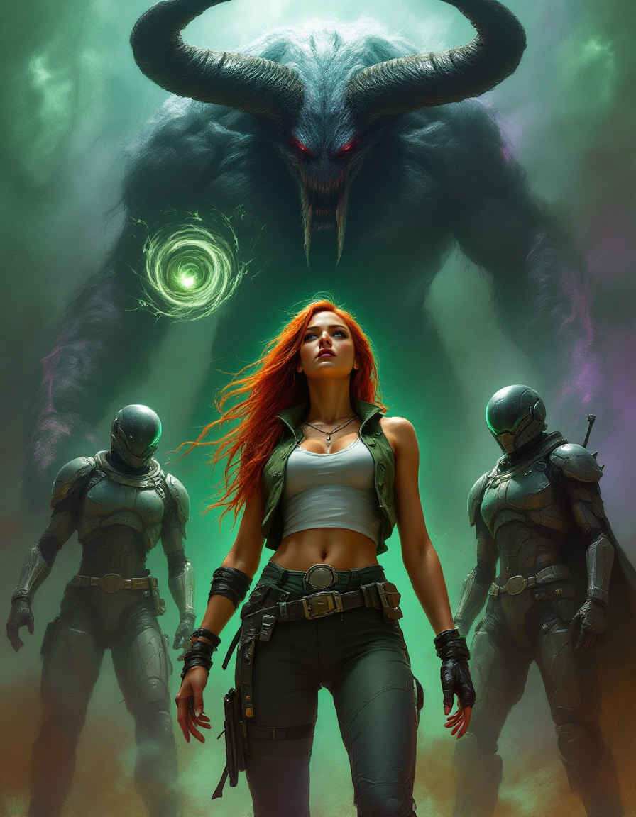 [Fiery red-haired tactical female lead stands flanked by armored troopers, with a massive horned demon looming behind in g...