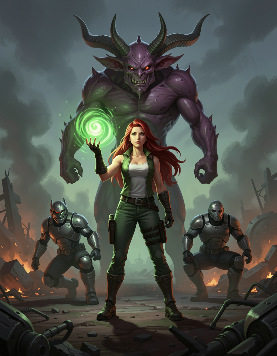 Red-haired female mage summoning glowing green magic stands with a horned demon and armored soldiers in a ruined battle la...