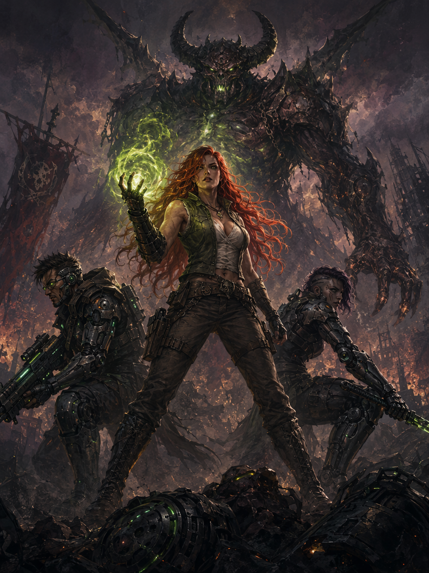 Red-haired spellcasting warrior leads cybernetic squad against a towering horned demon on a fiery apocalyptic battlefield.