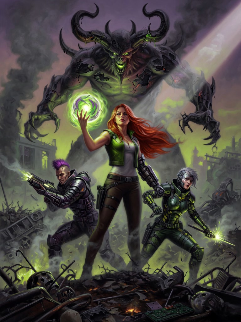 Red-haired magic user leads a futuristic warrior squad against a giant horned demon on a post-apocalyptic ruined battlefield