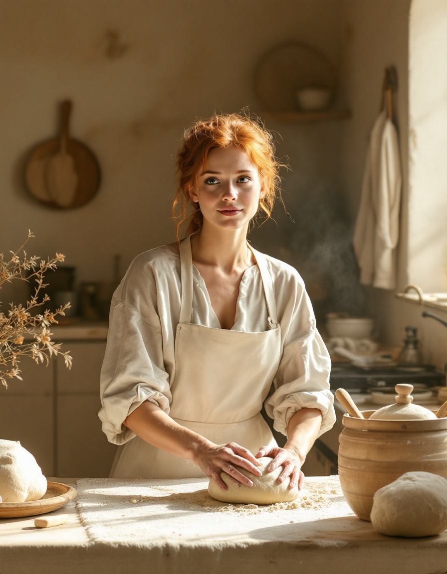 Red-haired woman in linen apron kneads fresh bread dough on a sunlit rustic kitchen counter