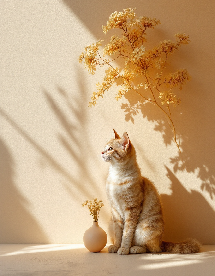 Fluffy orange tabby cat sits beside a small vase of dried golden flowers, lit by warm sun casting leaf shadows on a beige ...