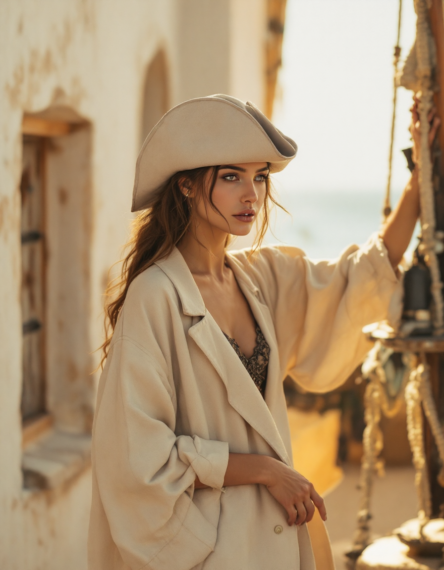 [Stylish woman in a beige tricorn pirate hat and oversized linen coat stands on a sunlit vintage sailing ship deck at gold...