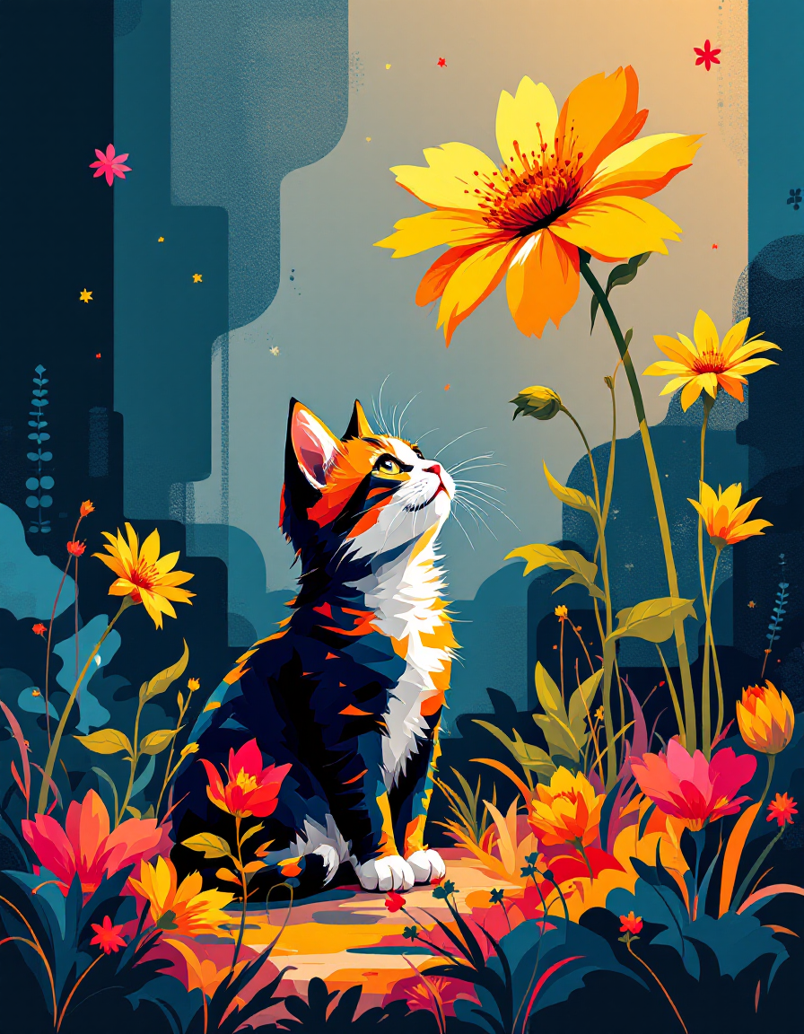 Stylized calico kitten sits among bright wildflowers, gazing up at a tall yellow bloom in flat graphic illustration style.