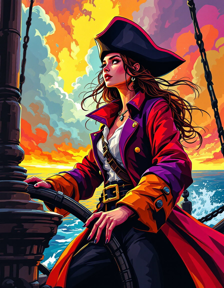 Vibrant pop art portrait of a female pirate captain steering her ship's wheel against a dramatic sunset ocean sky
