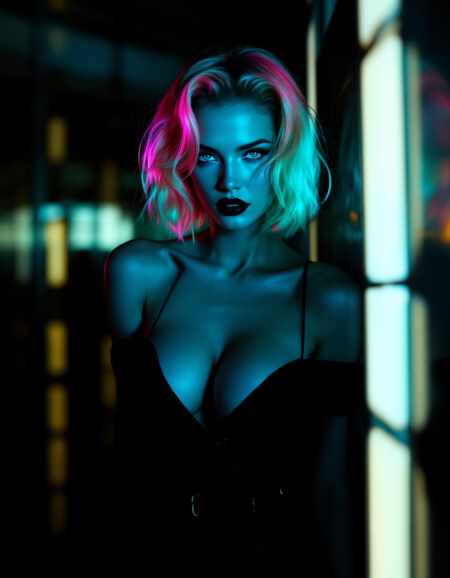[Cinematic neon portrait of a woman with pink and cyan highlighted short wavy hair, lit with cool blue light against a blu...