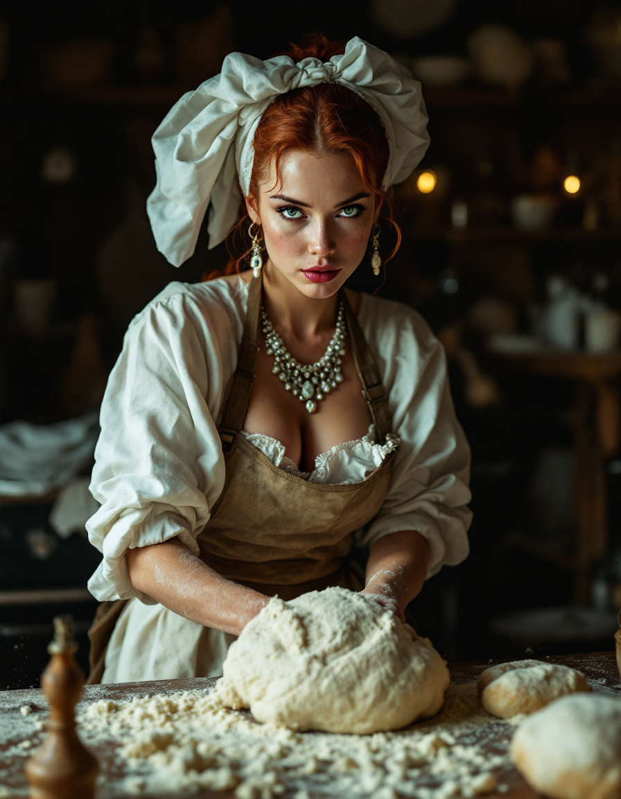 Red-haired period baker kneads fresh bread dough on a floured wooden table in a dim rustic cottage kitchen.