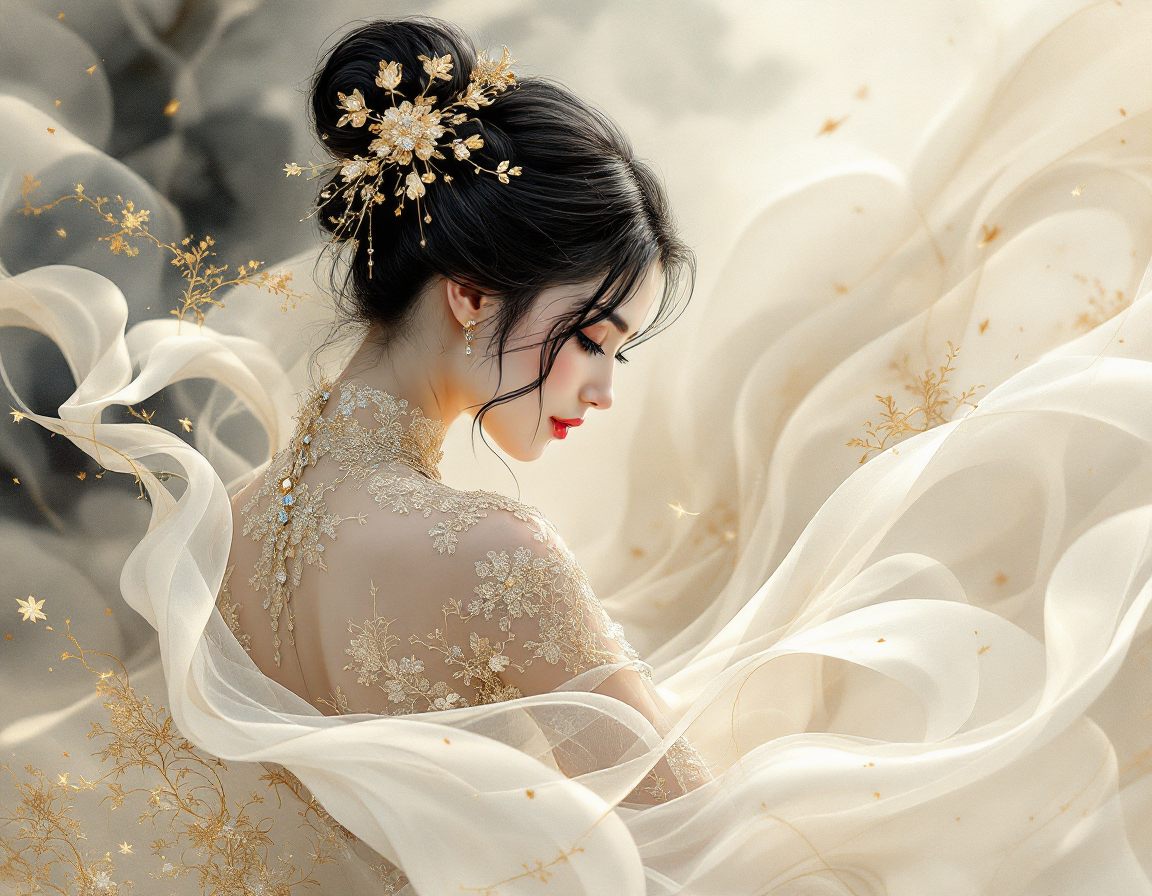 Graceful East Asian woman in profile with ornate gold floral hairpiece, sheer lace gown, surrounded by swirling ivory silk...