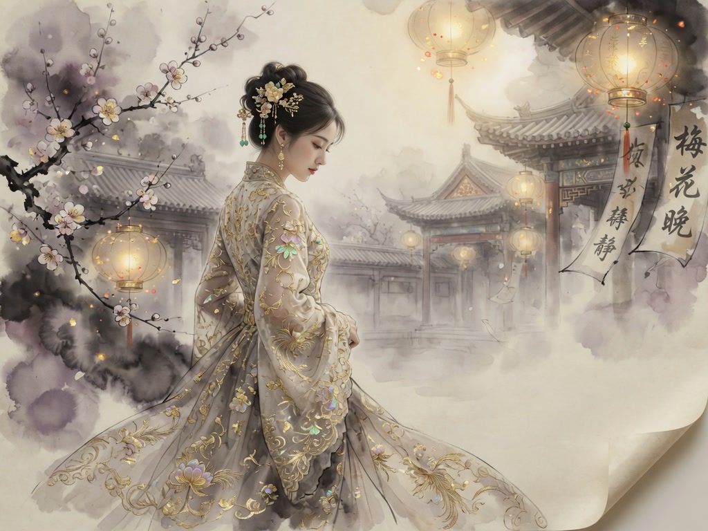 Watercolor illustration of graceful woman in gilded hanfu beside plum blossoms, misty traditional Chinese courtyard with g...
