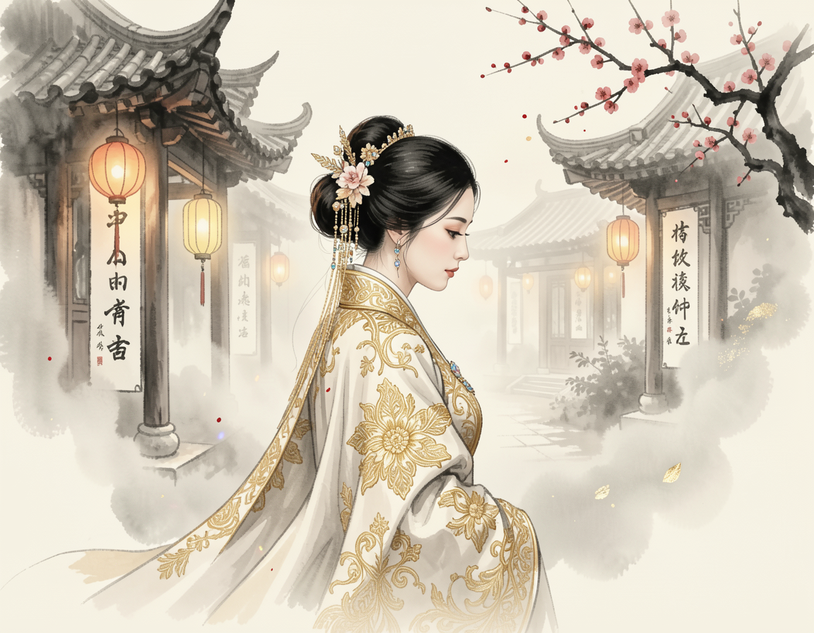 [Elegant ancient Chinese noblewoman in gold embroidered hanfu stands in a misty traditional courtyard with plum blossoms, ...
