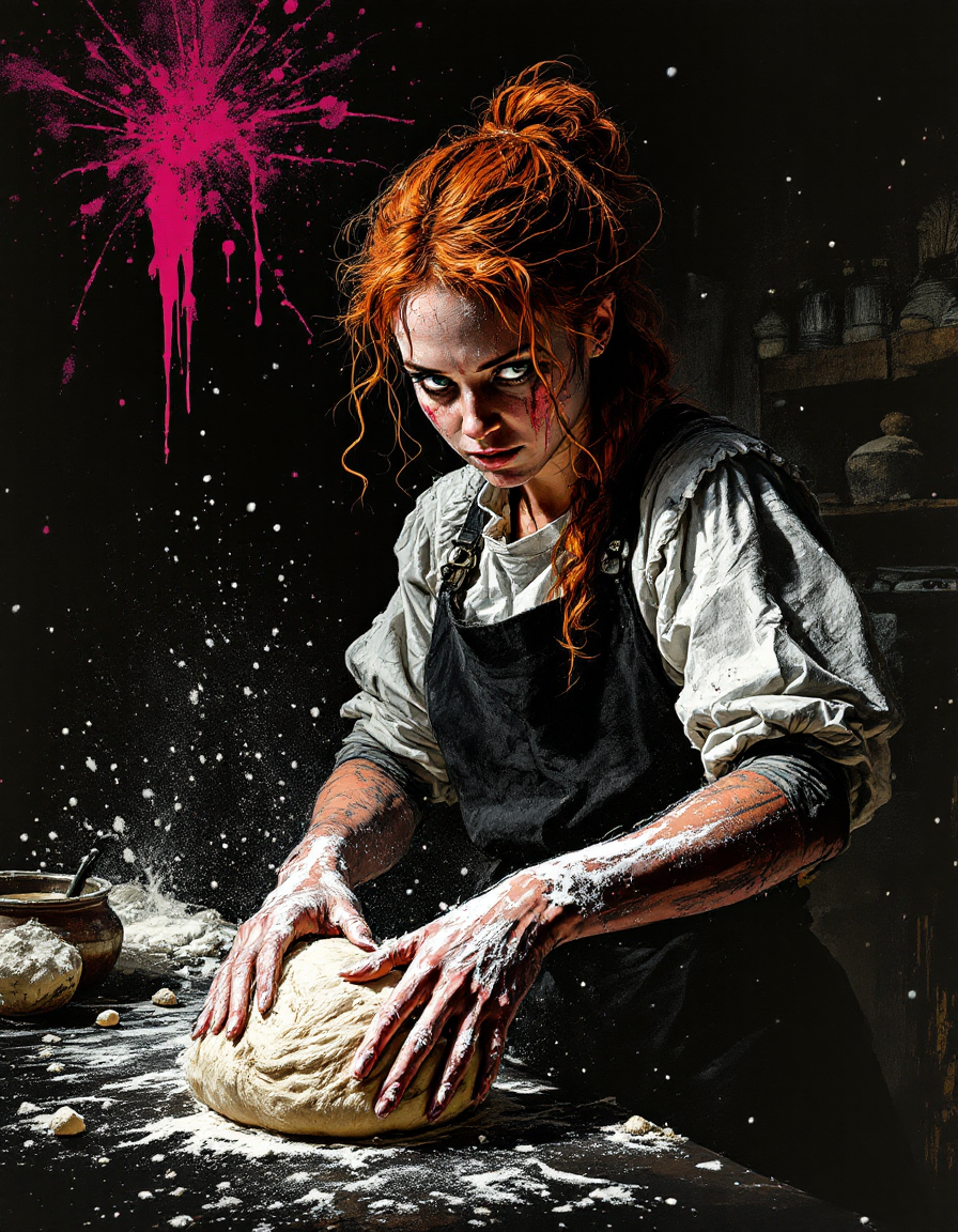 Intense red-haired female baker kneads floured bread dough, dramatic dark stylized illustration with bright magenta paint ...