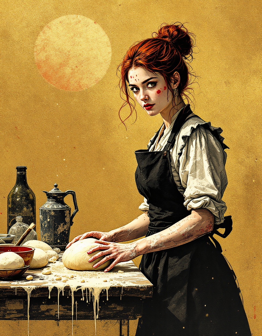 Red-haired female baker kneading bread dough at a floured worktable against a golden background with circular sun motif