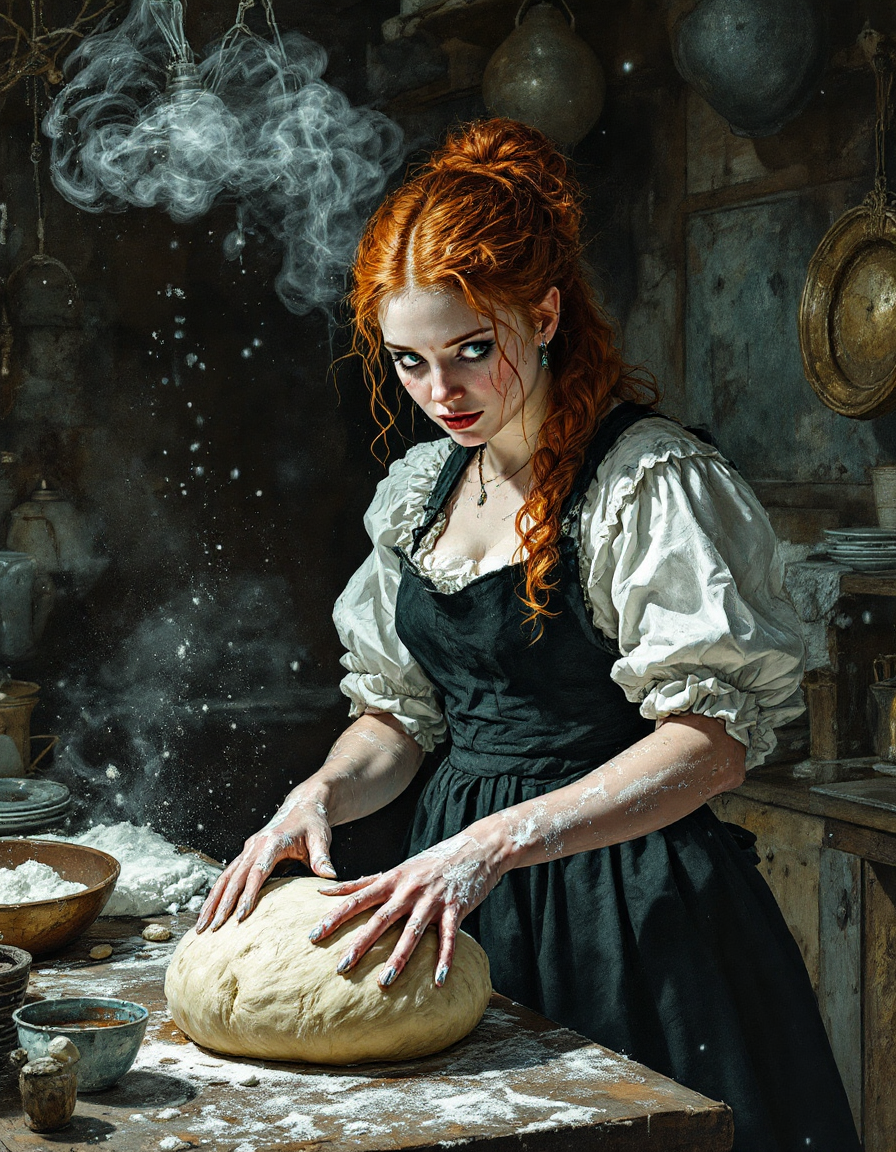 Red-haired female baker kneads fresh bread dough on a floured table in a moody rustic vintage cottage kitchen