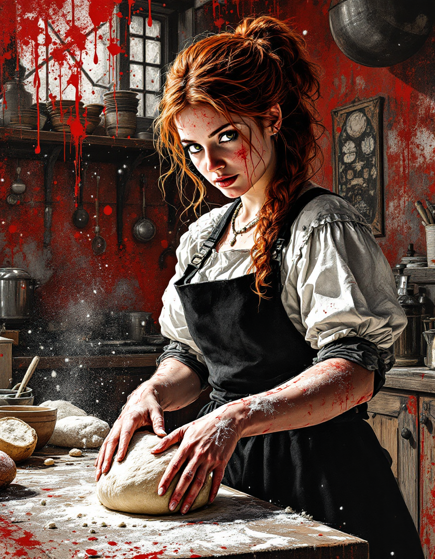 [Red-haired gothic female baker kneads dough on a floured table in a blood-splattered rustic kitchen, staring intensely at...