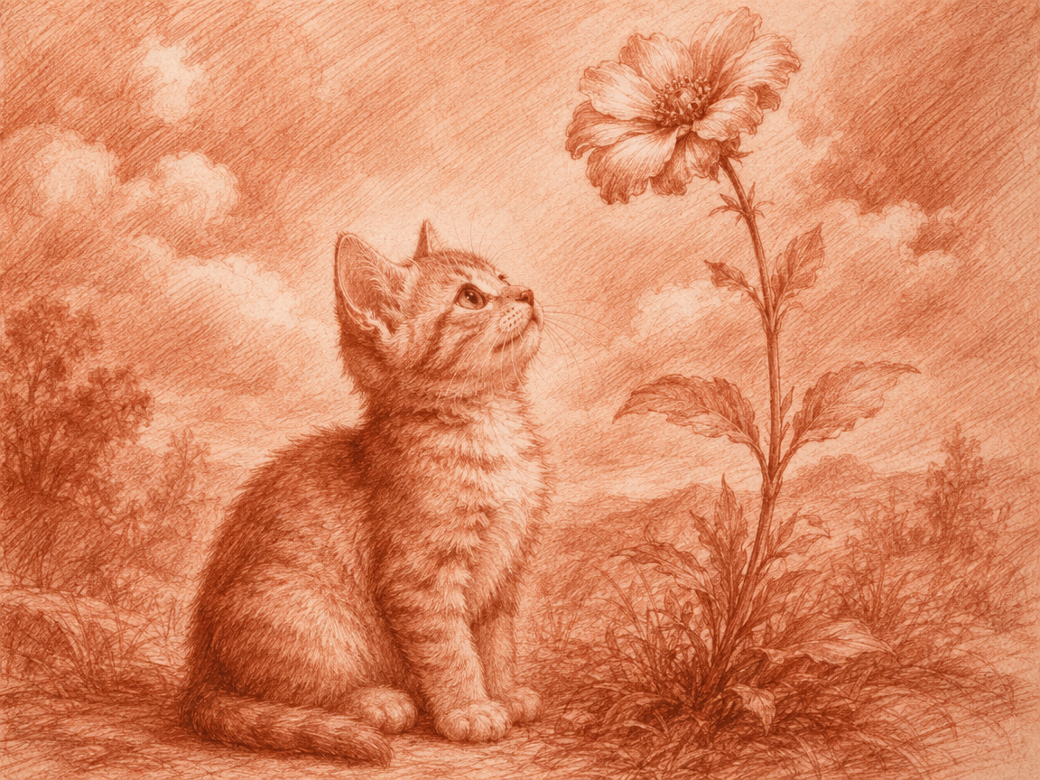 Red chalk sketch of a fluffy tabby kitten sitting, looking curiously up at a tall blooming wildflower in a pastoral meadow.
