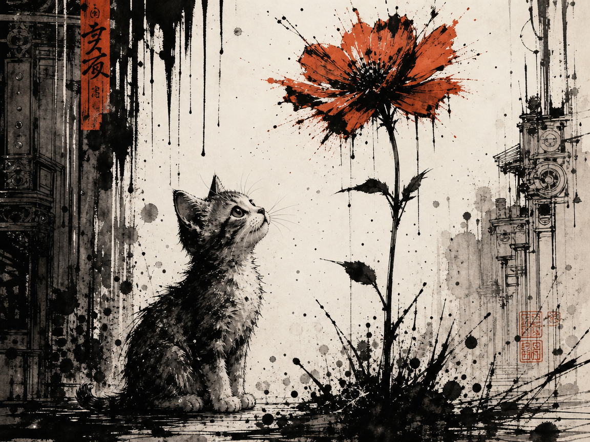 Sumie ink wash painting of a tabby kitten gazing up at a bold splatter-style orange flower, with Japanese calligraphy seal...