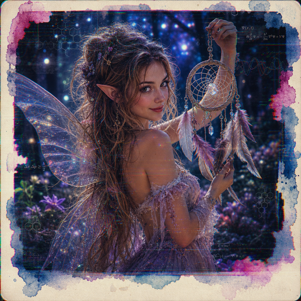[Ethereal fairy with gossamer wings holds a beaded feather dreamcatcher in a glowing enchanted night forest, vintage textu...