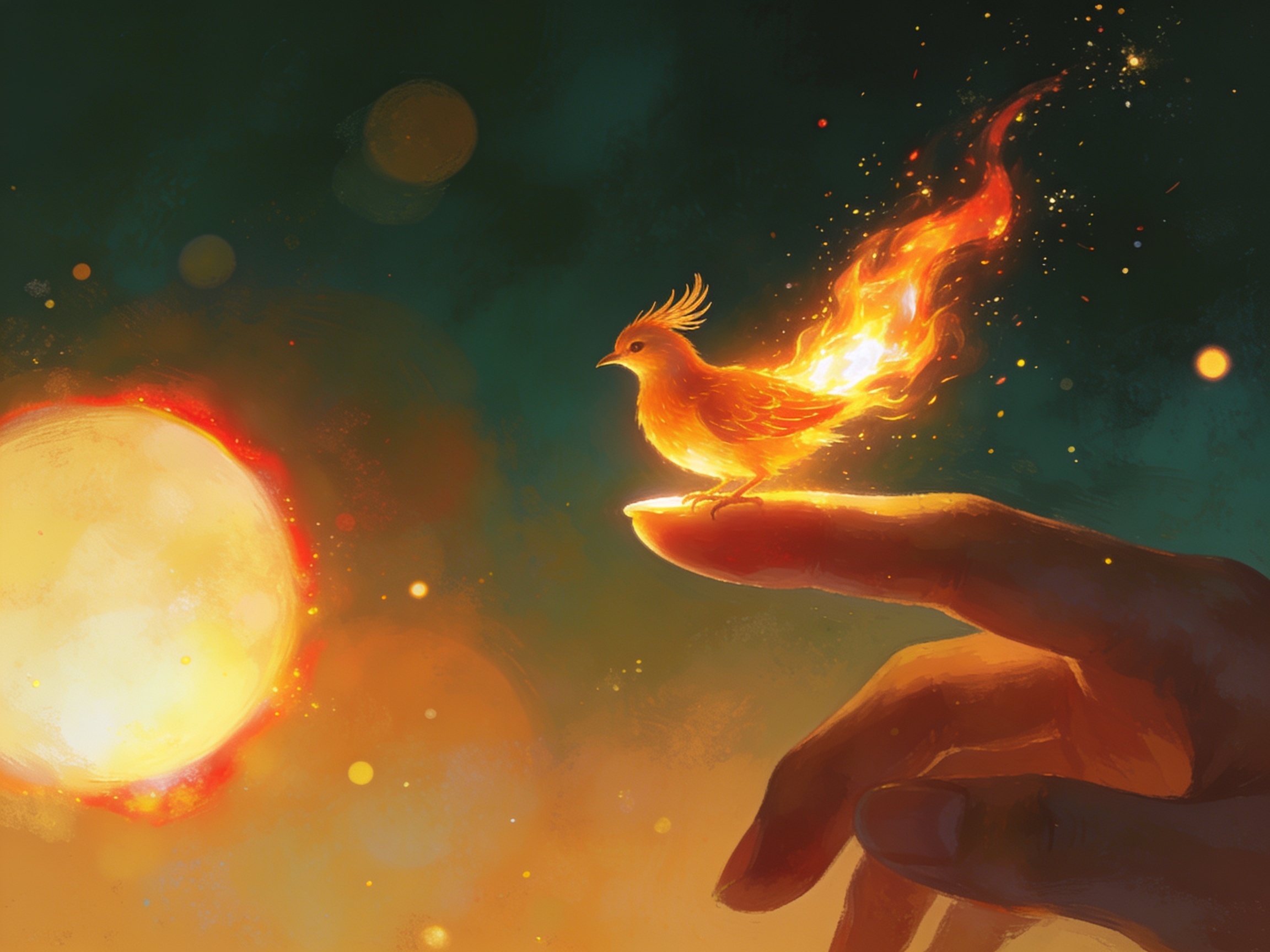 Tiny fiery baby phoenix perched on a human outstretched finger, beside a glowing orb against a dreamy misty background.