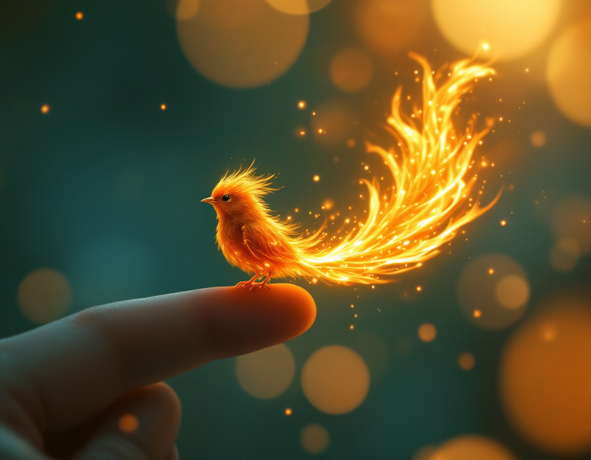 Tiny fluffy baby phoenix perched on a human fingertip, with a glowing fiery golden tail against a soft teal bokeh background.