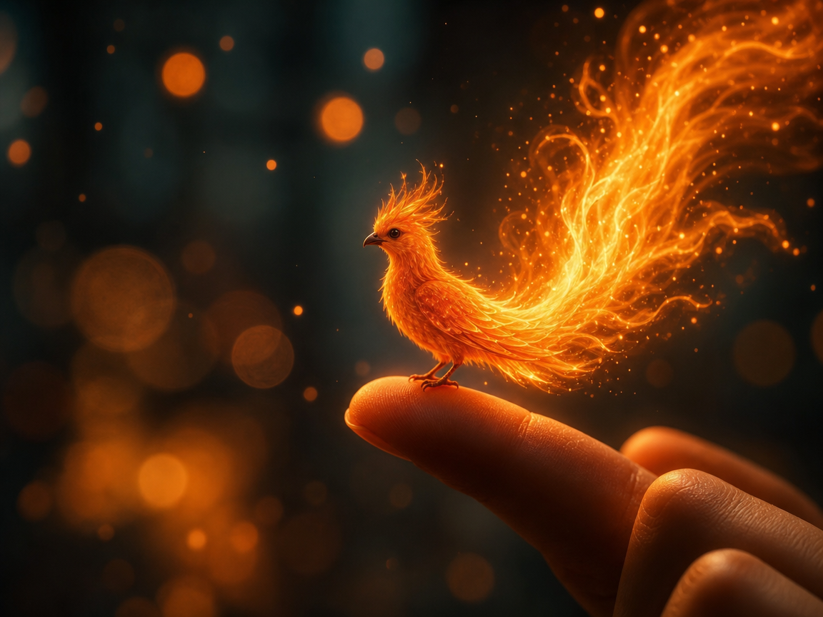Tiny glowing baby phoenix with a fiery flame tail perches lightly on the tip of a human finger, warm bokeh background.