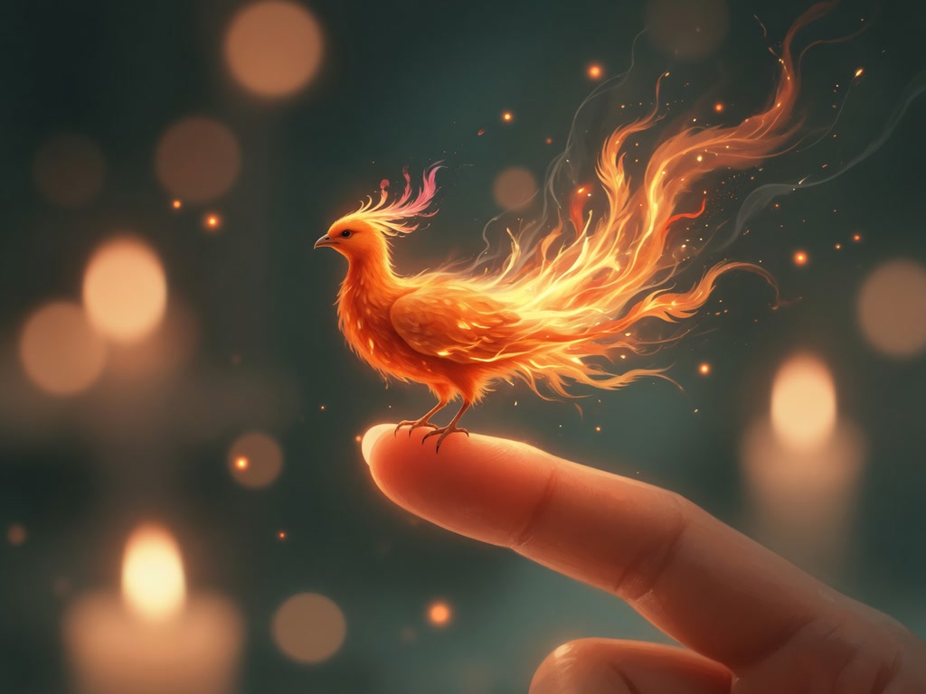 Tiny glowing baby phoenix with flame tail perched on the tip of a human finger against warm bokeh background