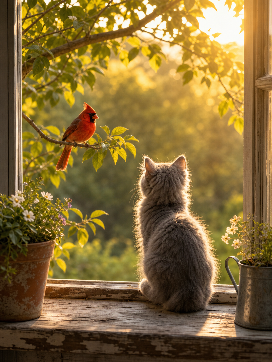 Fluffy grey kitten sits on a weathered windowsill watching a bright red cardinal outside in golden sunset light