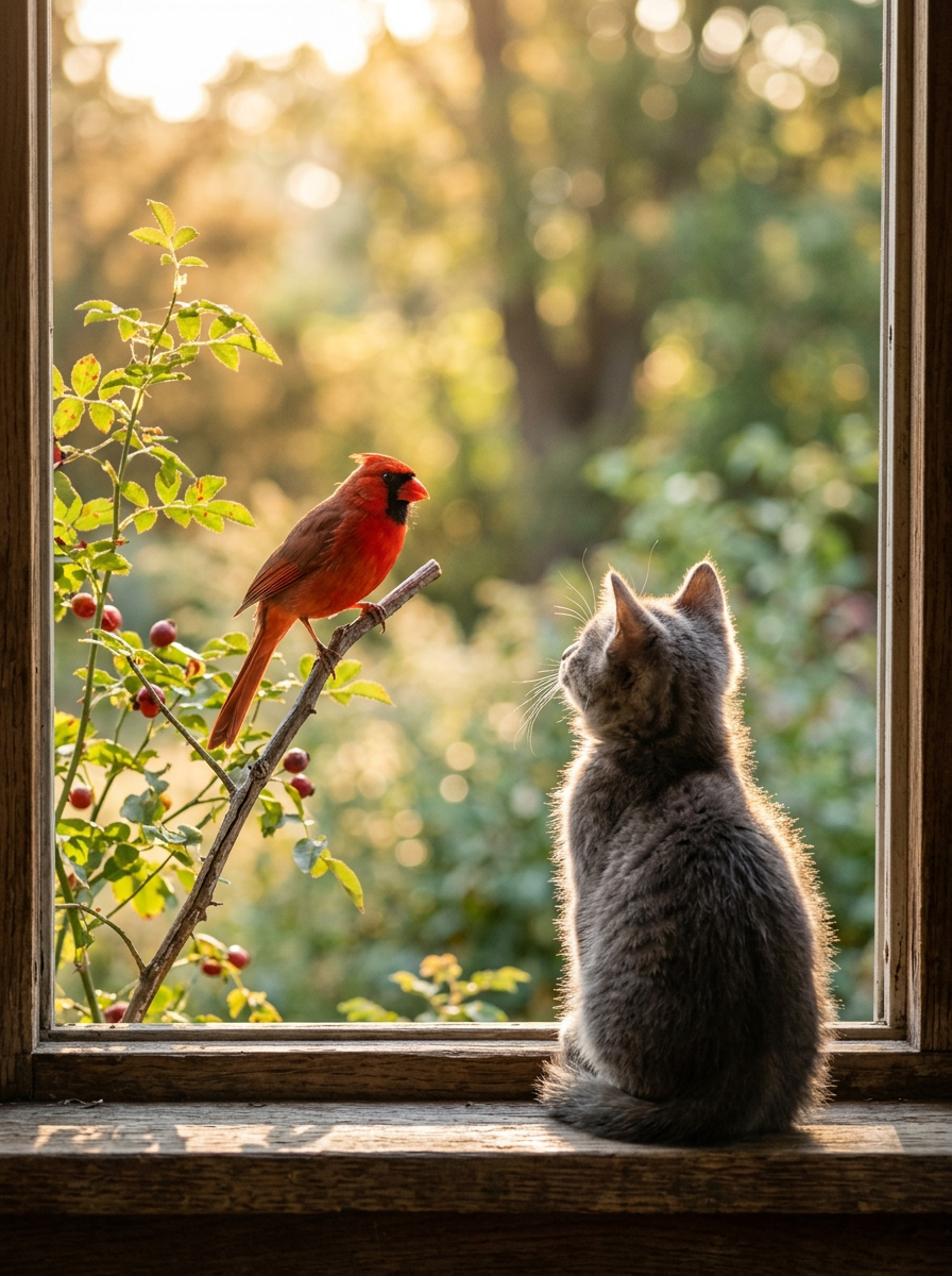 Fluffy gray tabby kitten sitting on a wooden windowsill, looking at a red northern cardinal perched outside at golden hour.
