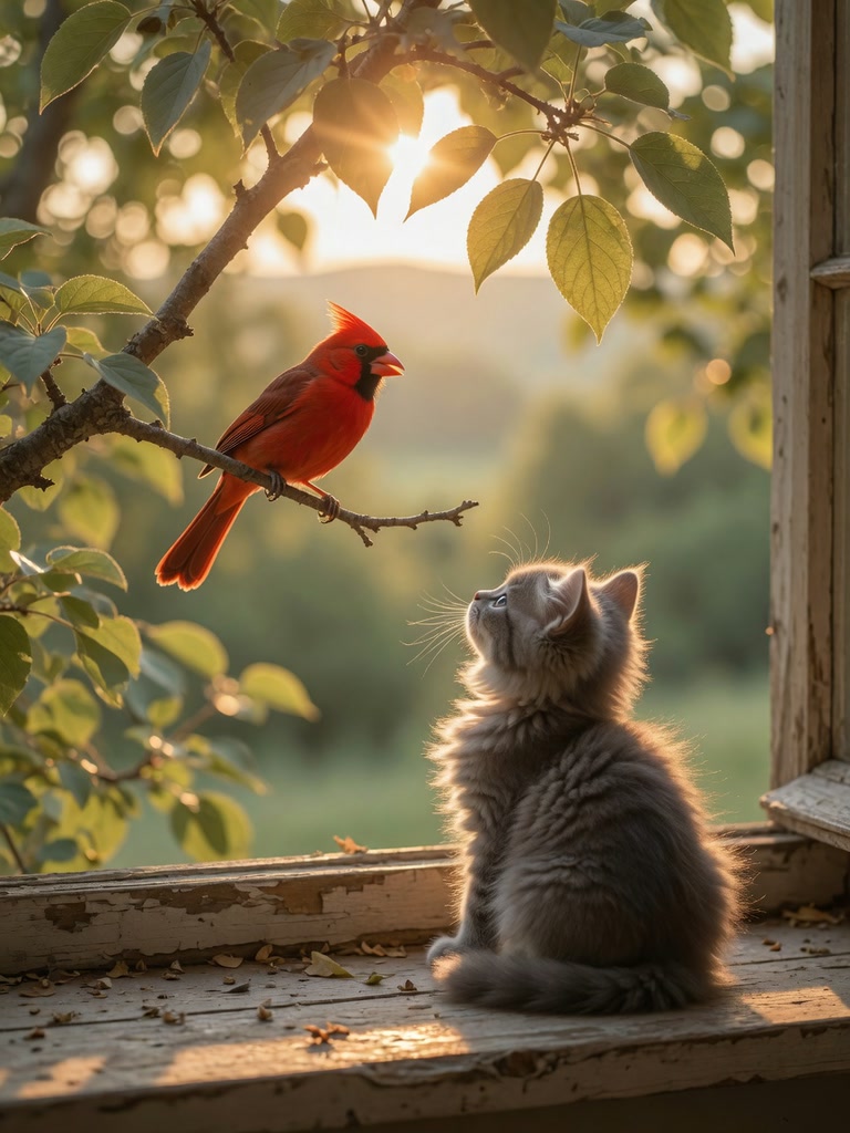 Fluffy grey kitten on a weathered windowsill gazes up at a bright red cardinal perched on a sunlit tree branch at golden s...