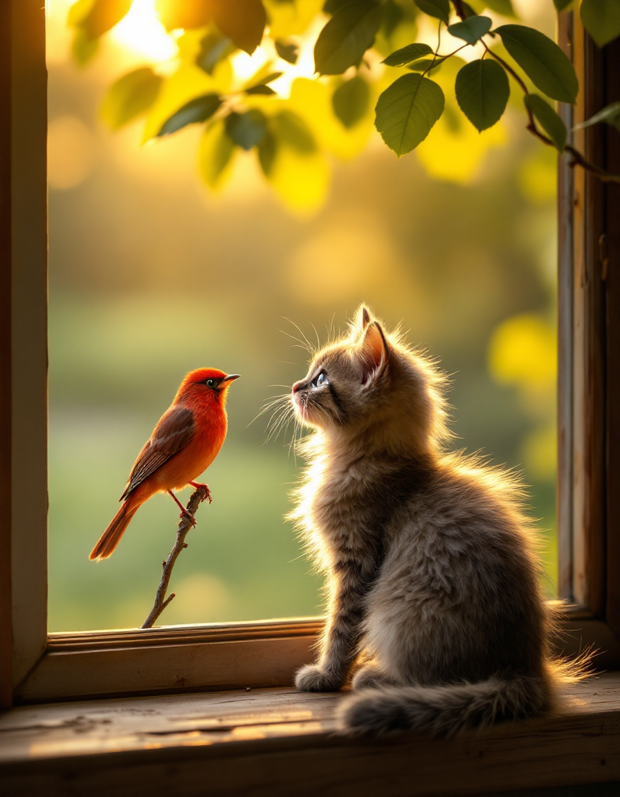 Fluffy grey tabby kitten sits on a wooden windowsill gazing curiously at a bright red songbird during warm golden hour sun...