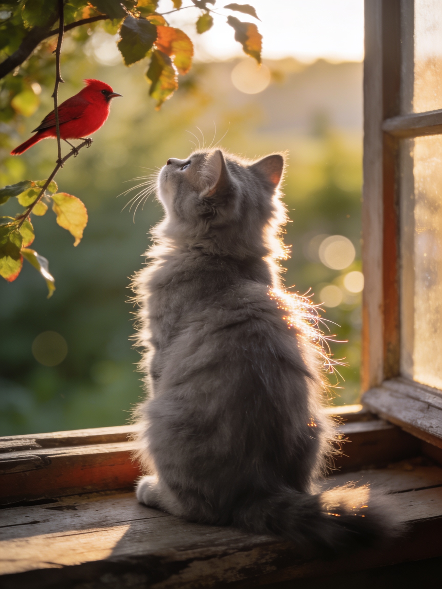 Fluffy long-haired gray cat sits on a sunlit windowsill looking up at a bright red bird perched on an autumn tree branch o...