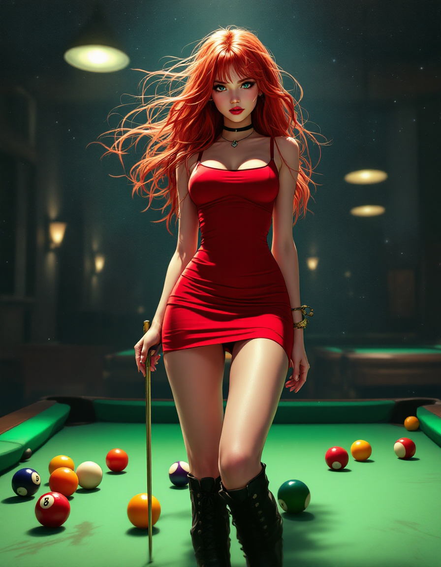 [Stylized red-haired woman in a red mini dress holds a pool cue while standing on a green billiards table in a moody dim g...
