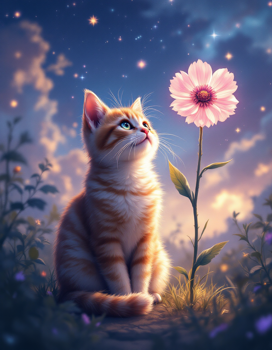 Fluffy orange tabby kitten gazes up at a tall pink flower under a glowing starry twilight sky.