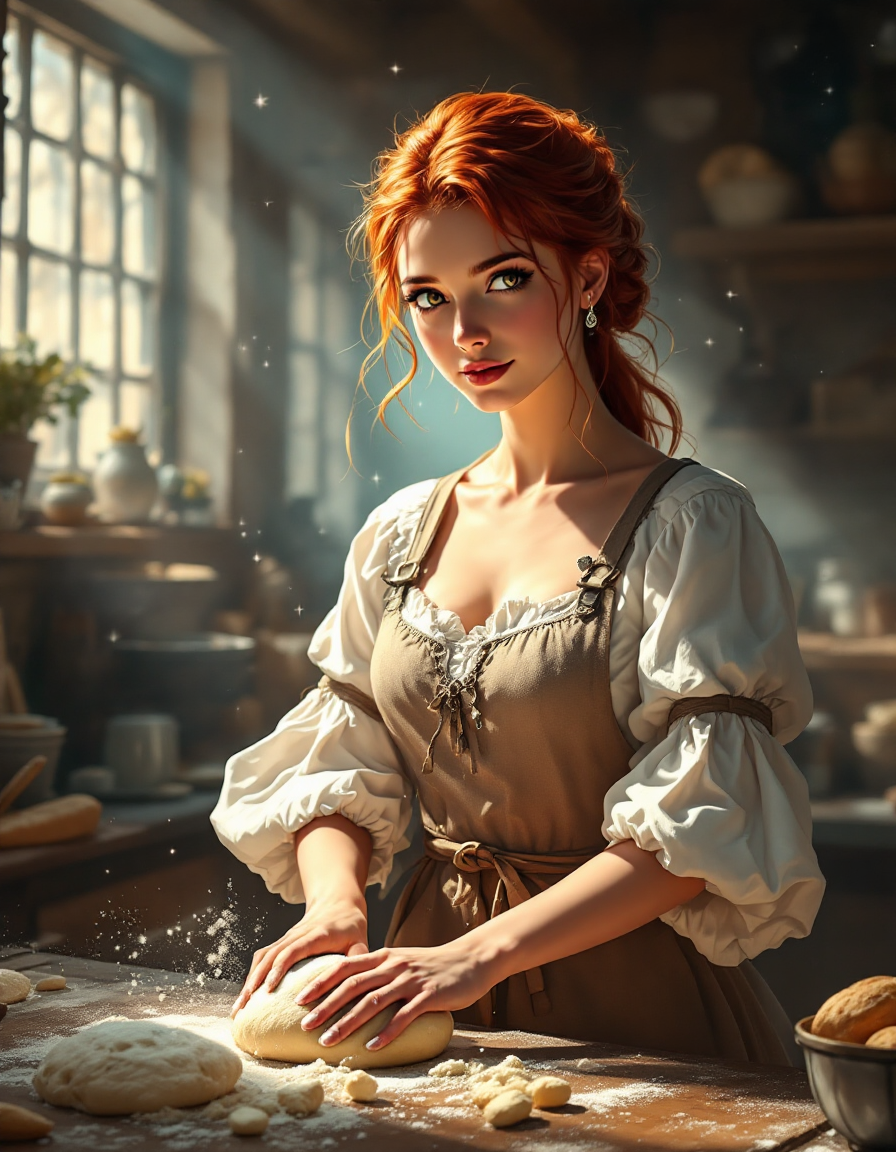 Red-haired fantasy baker kneads bread dough on a floured table in a sunlit rustic cottage kitchen