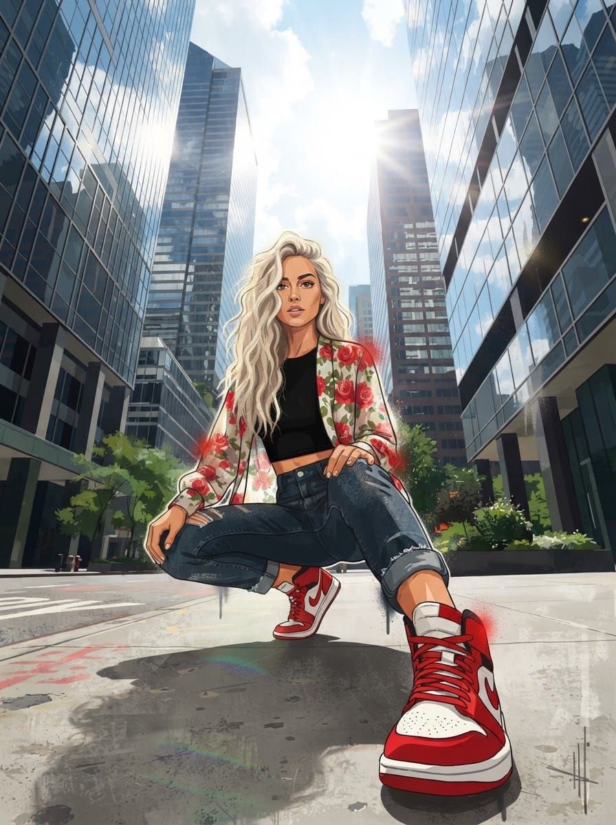[Low angle illustrated portrait of a blonde woman in streetwear squatting on a sunny downtown city street between skyscrap...